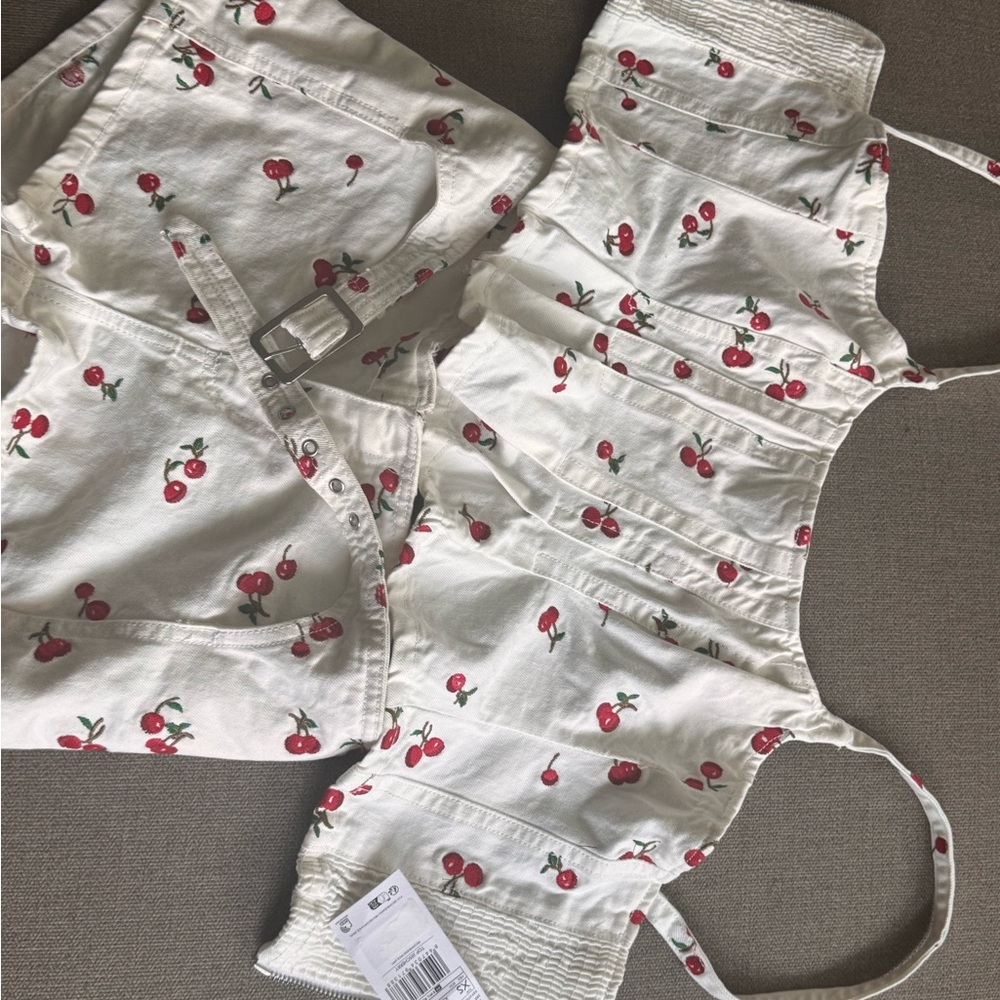 Mango White and Red Cherry Print Overalls Shorts